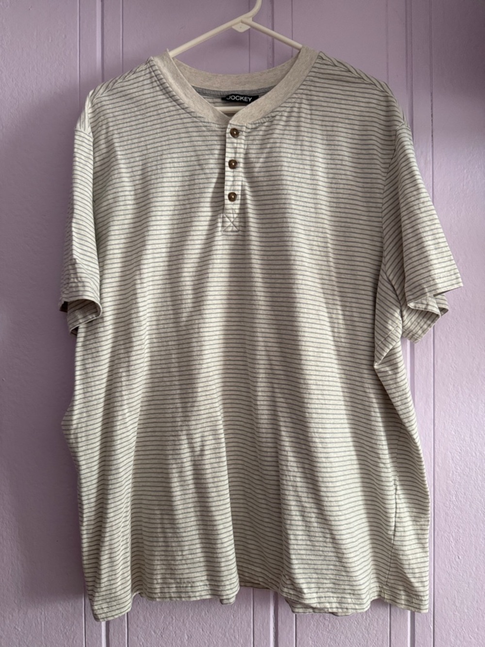 100% Cotton Jockey Men's Cream Henley with Thin Gray Stripes